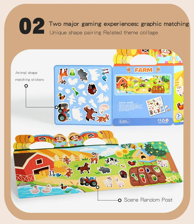 A collage of animal shape matching stickers and a scene random post featuring farm animals and scenery.