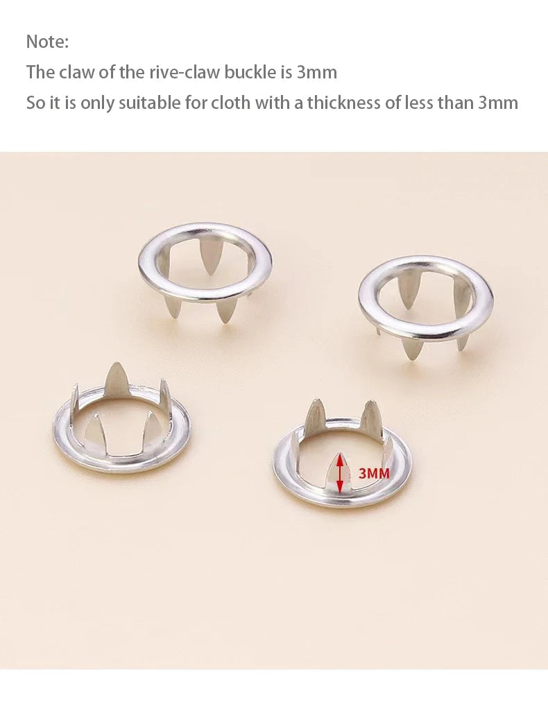 A close-up view of a silver snap fastener with a 3mm claw, demonstrating its suitability for thin cloth.