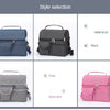 A selection of insulated lunch bags in dark blue, black, gray, and rose red colors.