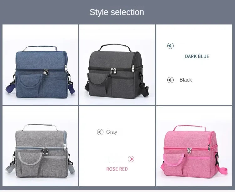 A selection of insulated lunch bags in dark blue, black, gray, and rose red colors.