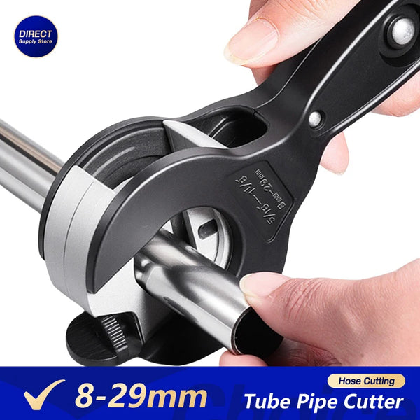 A hand is operating a black ratchet pipe cutter tool to cut a metal tube.