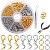 Jewelry making kit containing gold and silver jump rings, clasps, and crimps tools