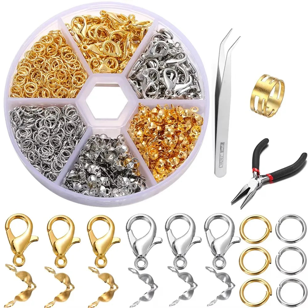 Jewelry making kit containing gold and silver jump rings, clasps, and crimps tools