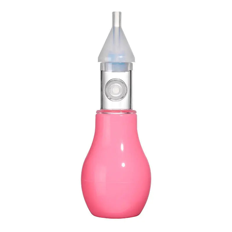 A pink gentle baby nasal aspirator with a clear silicone tip.