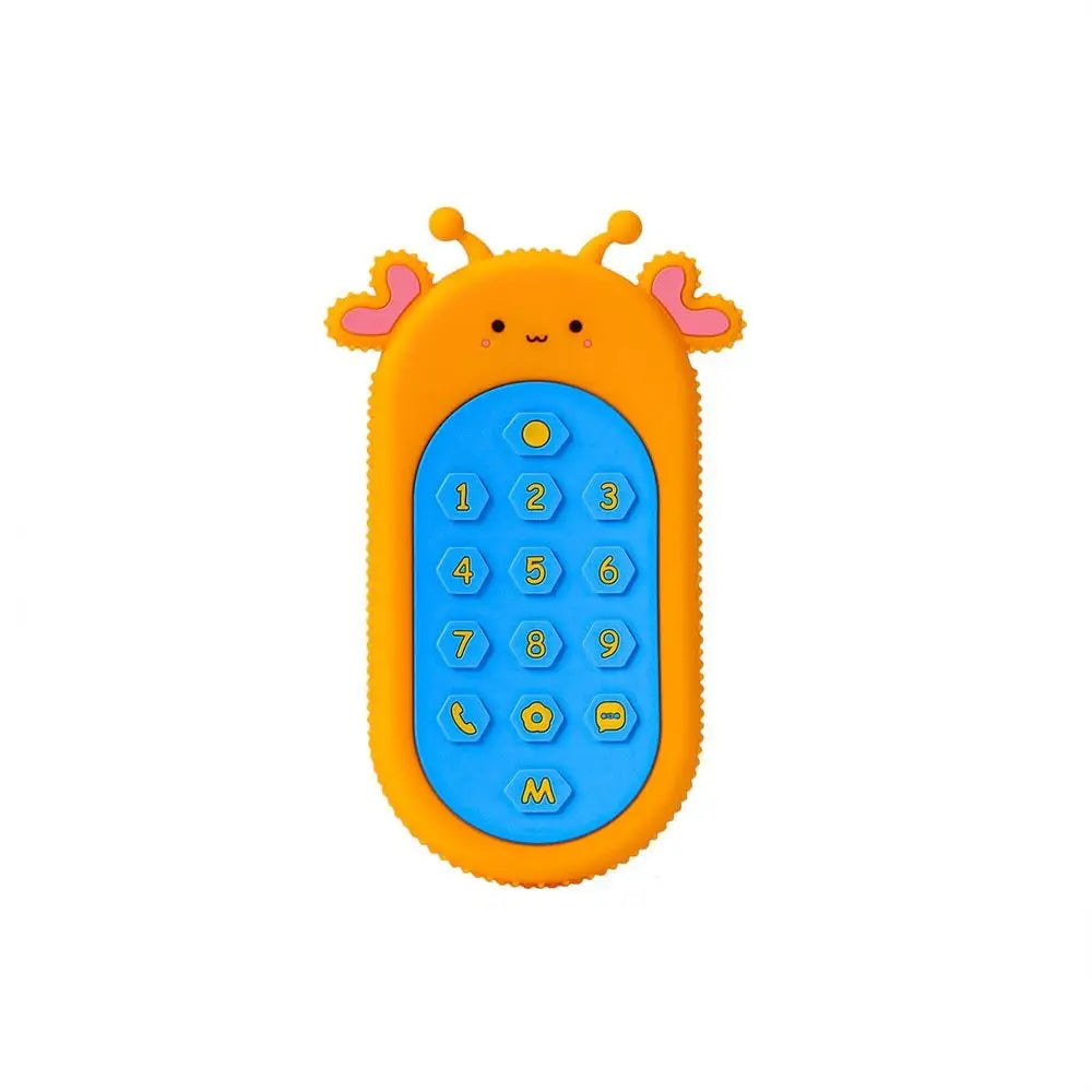 An orange silicone teether toy shaped like a smiling face with blue buttons.