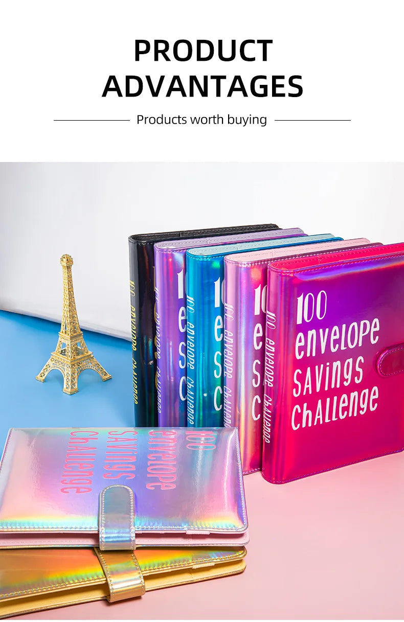 A stack of colorful budget binders with envelopes and a savings challenge theme displayed on a pink surface.