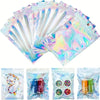 A pack of 40 holographic rainbow self-sealing bags with clear windows containing various cosmetic products.