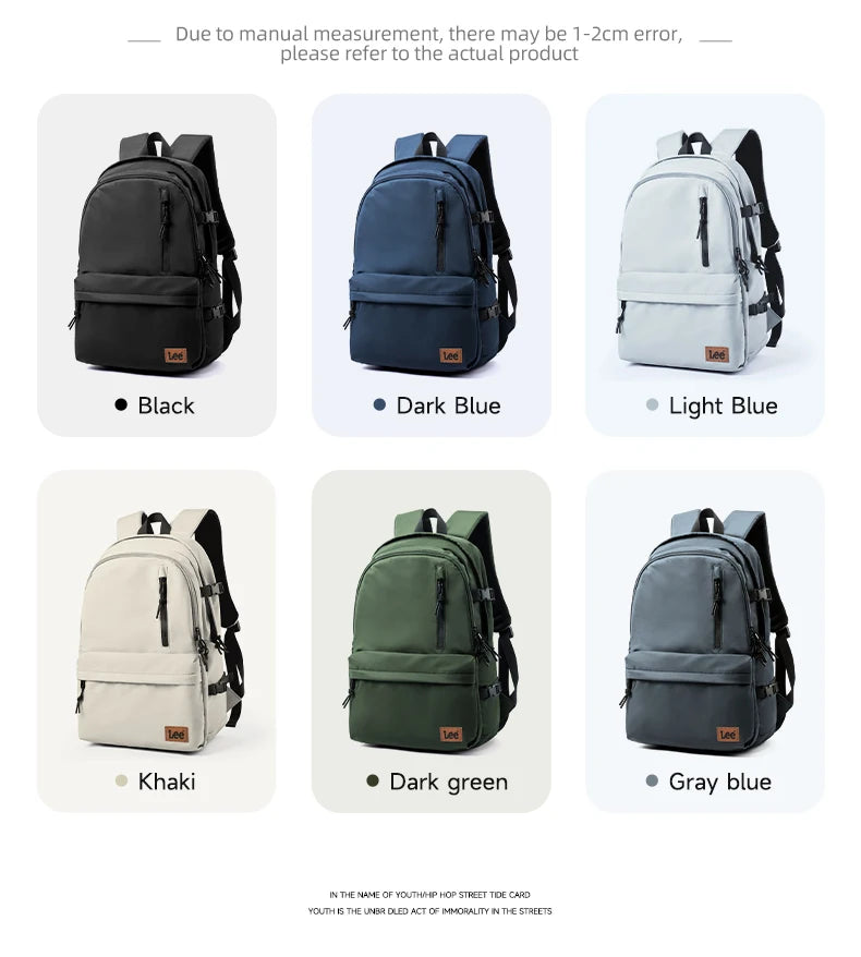 A collection of black, dark blue, light blue, khaki, dark green, and gray-blue ultralight water-resistant laptop backpacks.