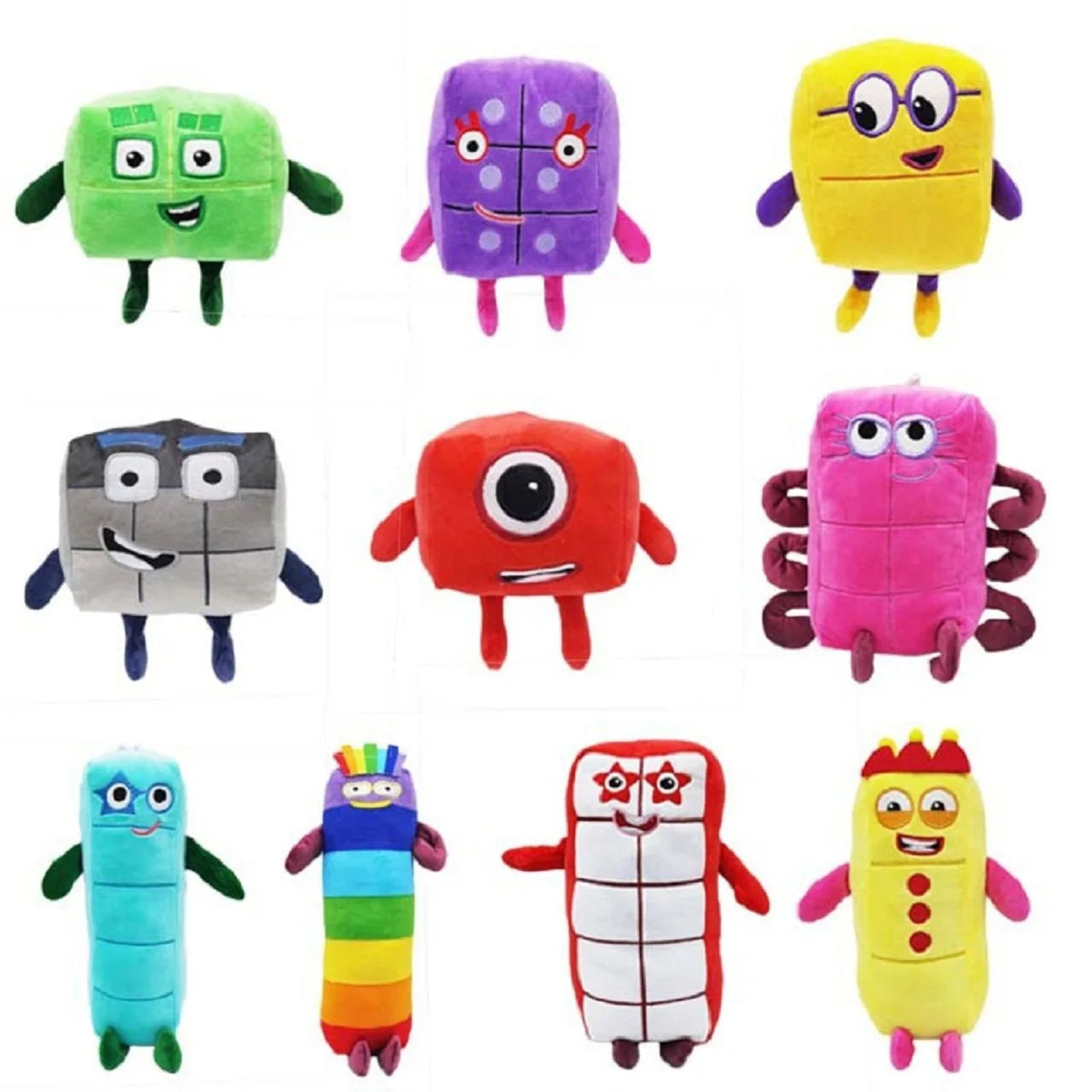 A collection of colorful plush dolls shaped like numbers 1 through 10 for children and collectors.