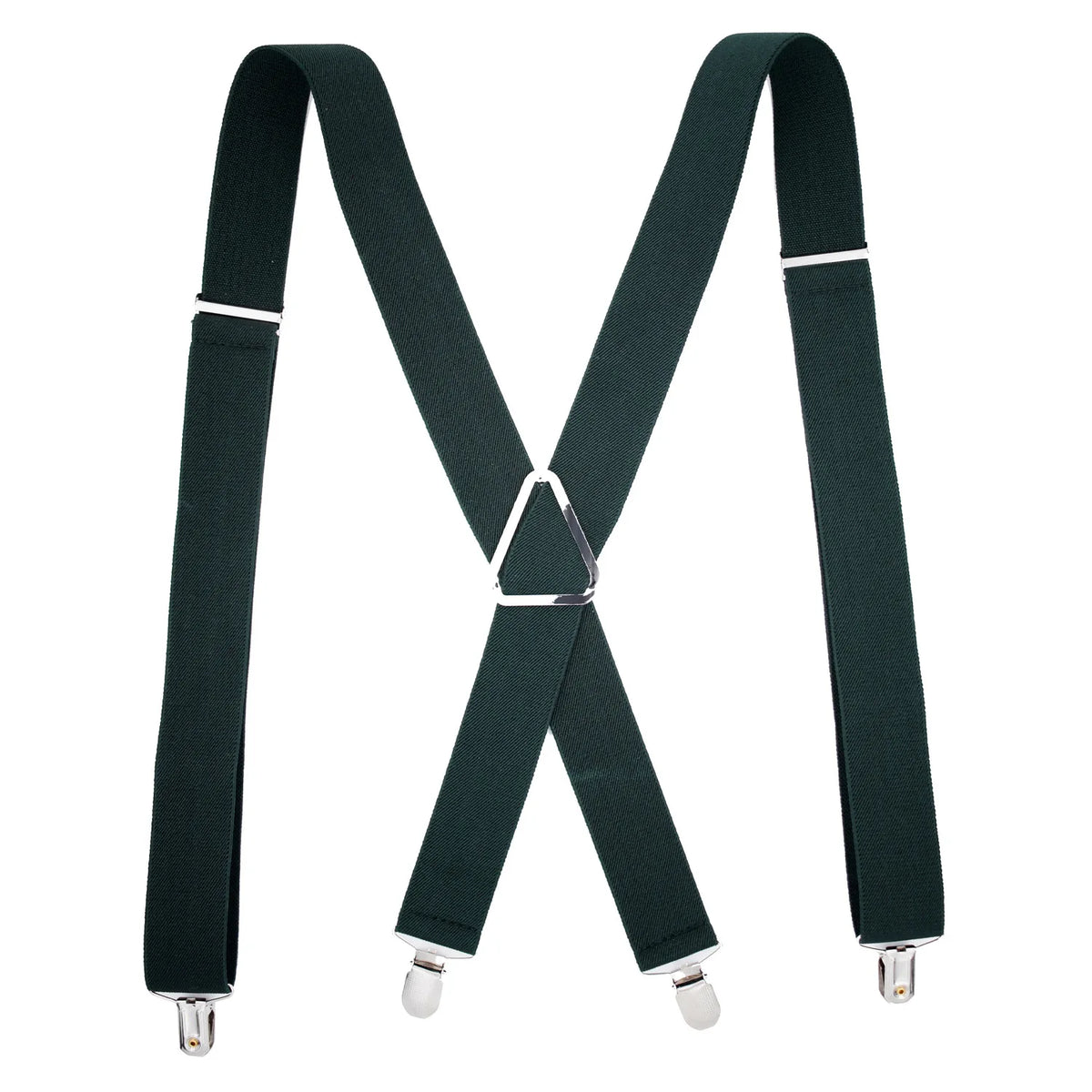 A pair of dark green suspenders with metal clips shown against a white background.