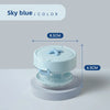 A light blue portable retainer and denture cleaning case with an effervescent tablet dispenser.