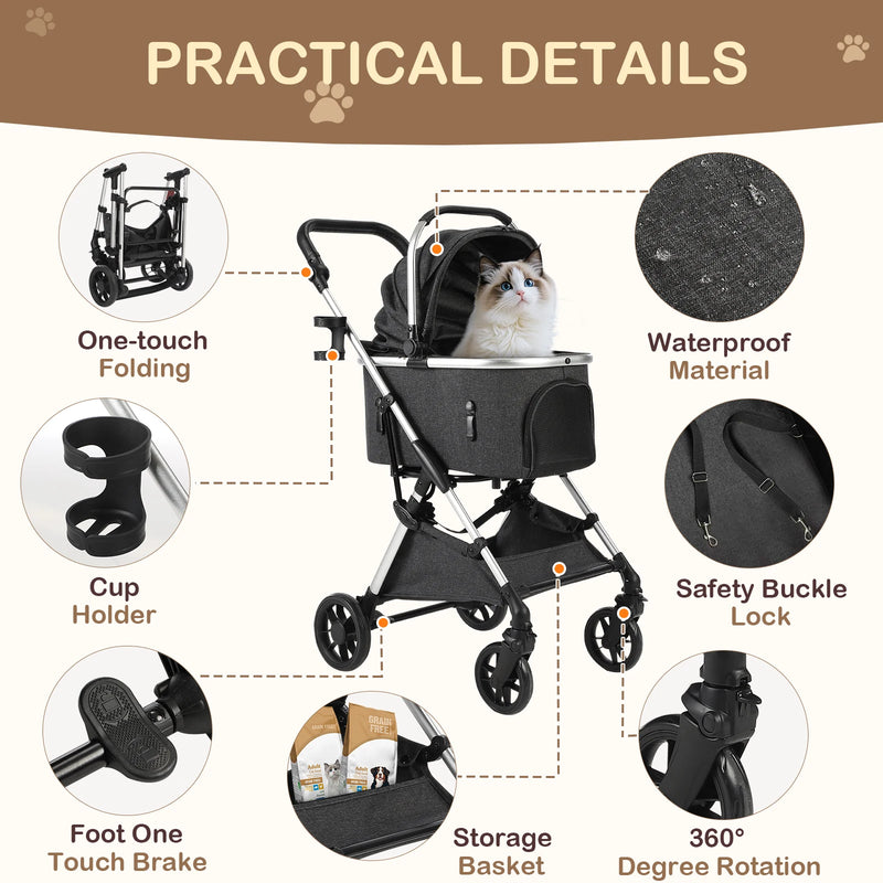 Foldable Pet Stroller with Detachable Carrier