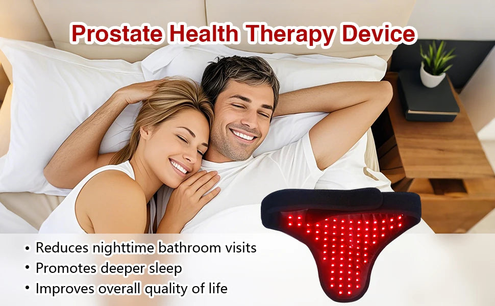 A red light therapy device shaped like a prostate, resting on a white pillow next to a couple.