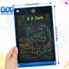 A blue 8.5 inch LCD writing tablet for kids displaying a dinosaur drawing on the screen.
