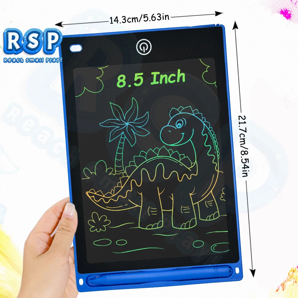 A blue 8.5 inch LCD writing tablet for kids displaying a dinosaur drawing on the screen.