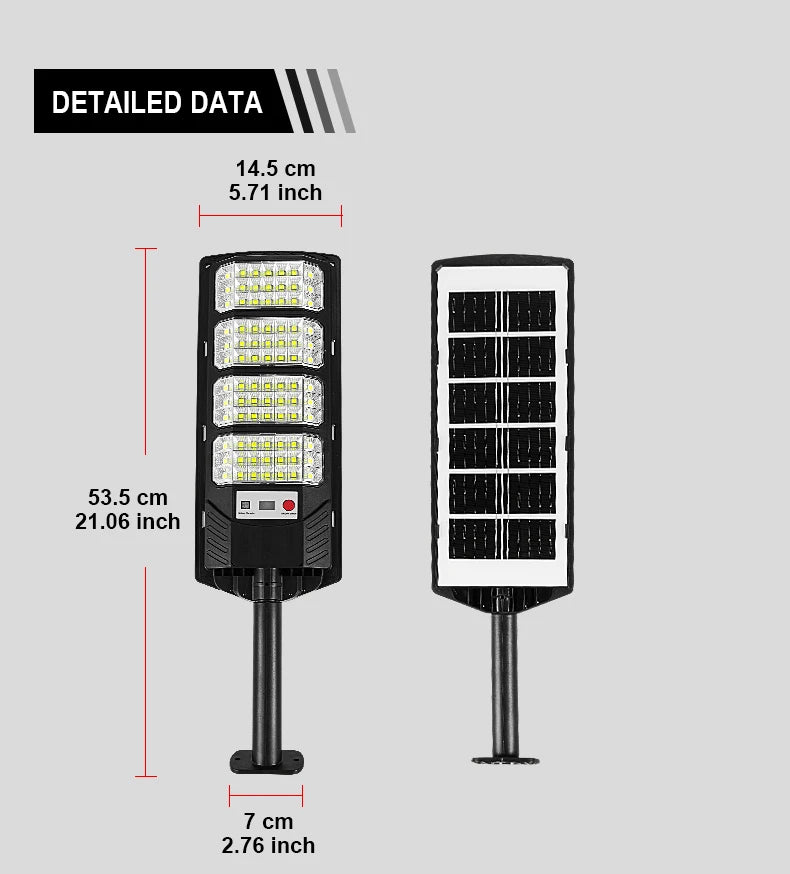 A black solar wall light fixture with a motion sensor and remote control, shown with dimensions.
