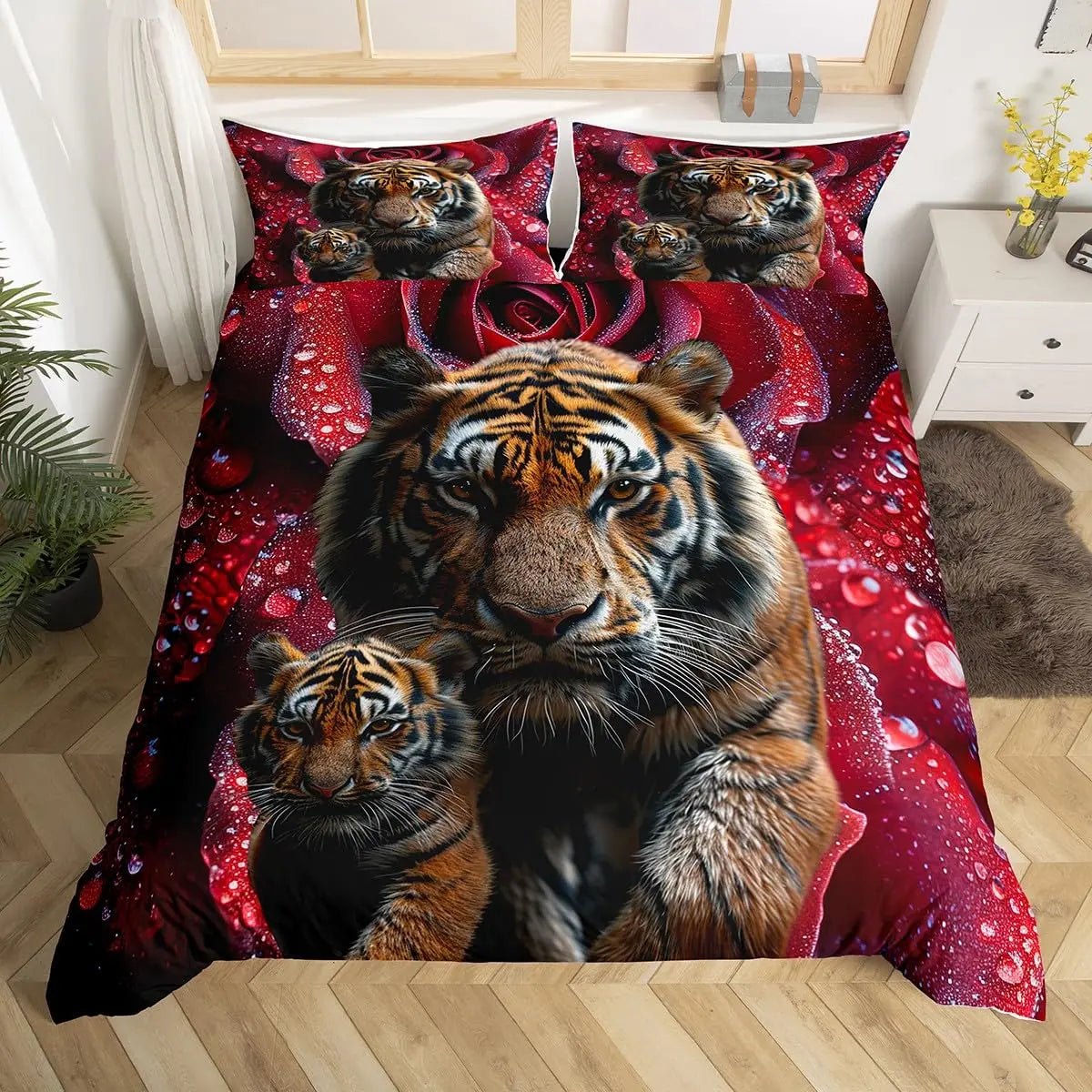 A red and black tiger print duvet cover set featuring multiple tigers in a realistic style.