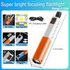 Orange and white rechargeable LED flashlight with a focusing lens and various lighting modes