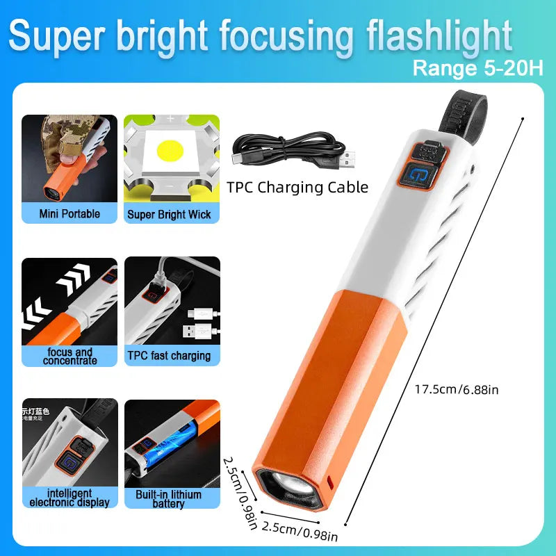 Orange and white rechargeable LED flashlight with a focusing lens and various lighting modes