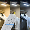 A white rechargeable LED under-cabinet light with a remote control is shown illuminating a garment.