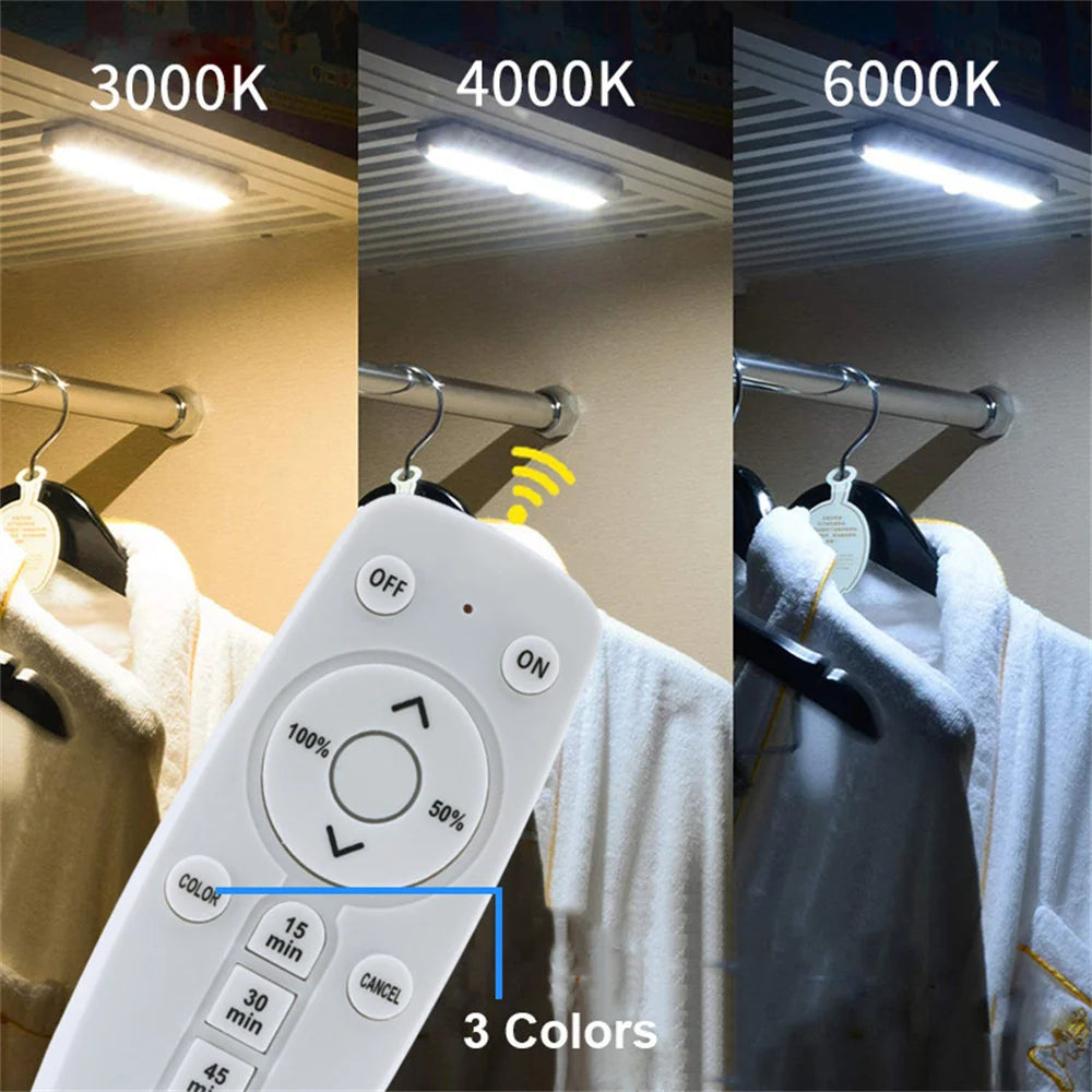A white rechargeable LED under-cabinet light with a remote control is shown illuminating a garment.