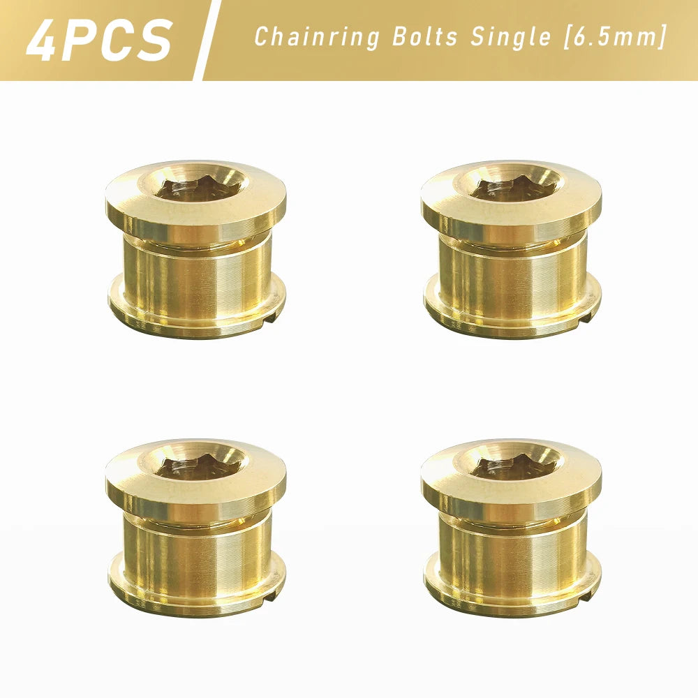 Four single titanium alloy chainring bolts, 6.5mm, for mountain and road bikes.