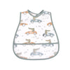 A white baby feeding bib featuring a gray and blue vehicle pattern with catch pockets.