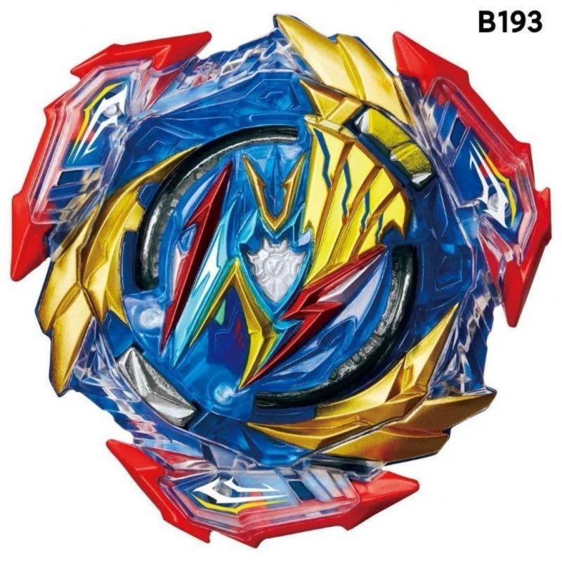 A blue and gold battle spinning top with metal construction, viewed from the front.