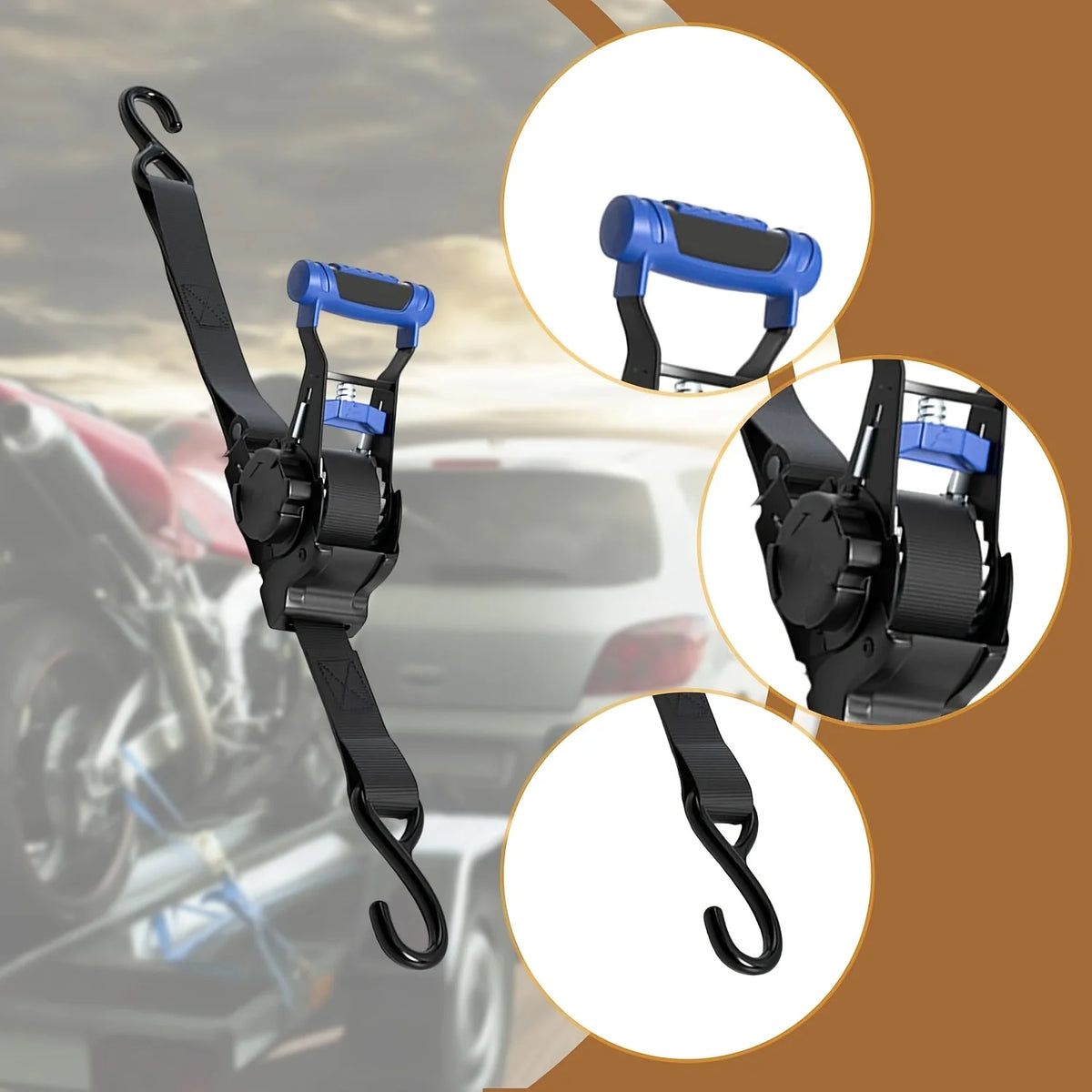 Close-up view of a black and blue retractable ratchet tie-down strap with an auto-retract mechanism.
