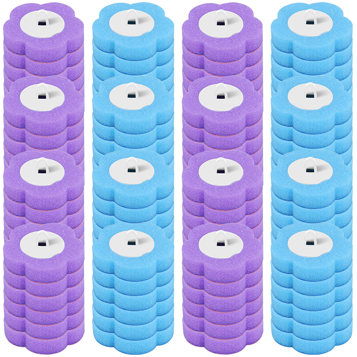 A set of purple and blue disposable toilet brush kits with hands-free auto-open holders.