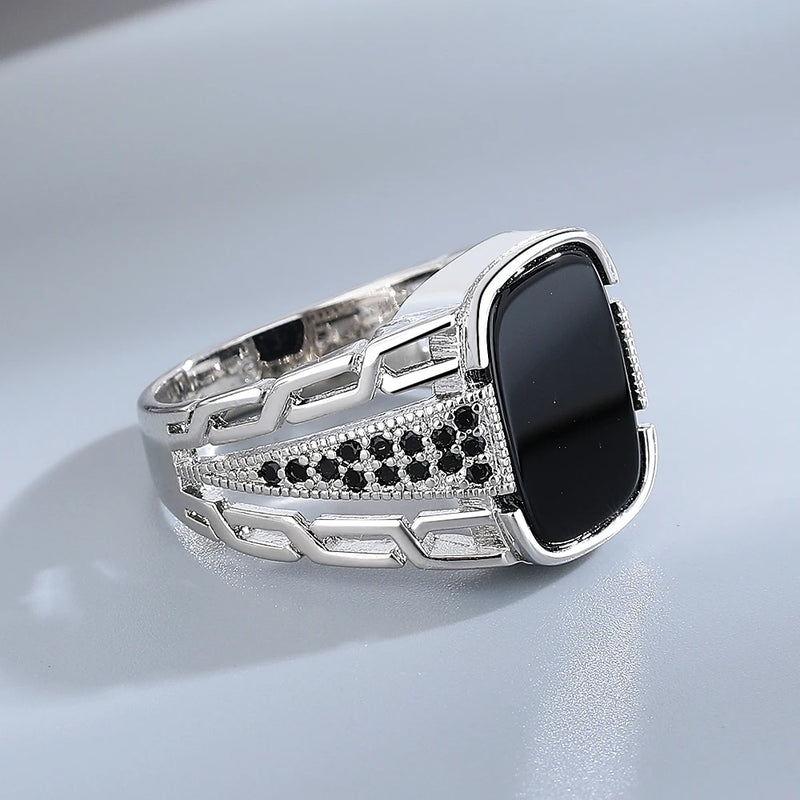 Vintage Sterling Silver Ring with Natural Black Agate Stone