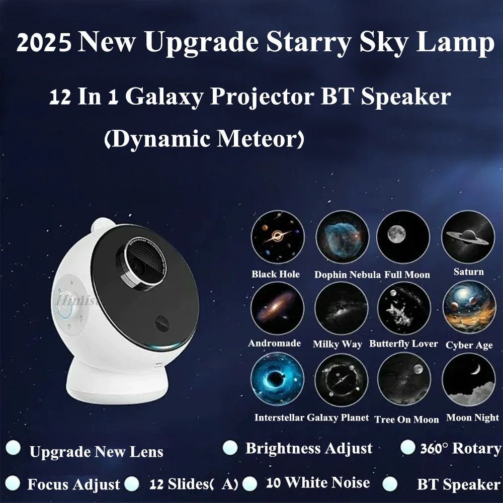 A white starry sky lamp projector with various celestial objects displayed on the face and surrounding features.