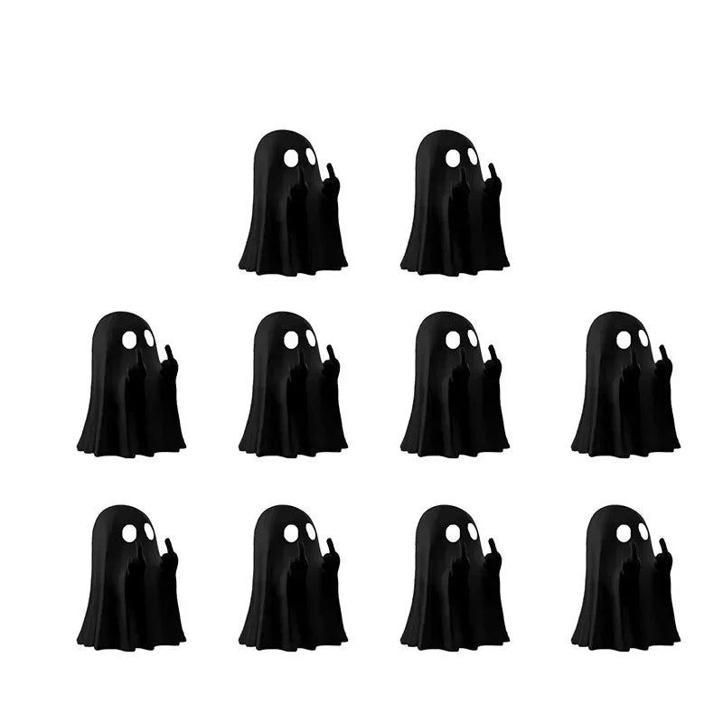 Black resin statue of a ghost making the middle finger, used for Halloween decor.