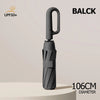 A black windproof reverse folding umbrella with a carabiner handle and reflective stripe, shown vertically.