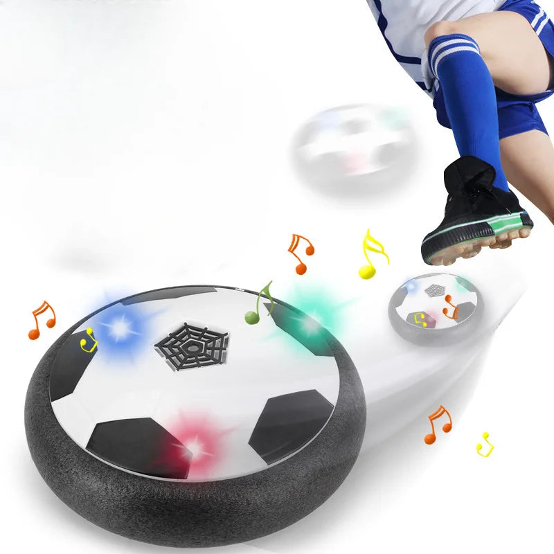 A close-up view of an LED hover soccer ball with glowing lights, demonstrating its use in a sports context.