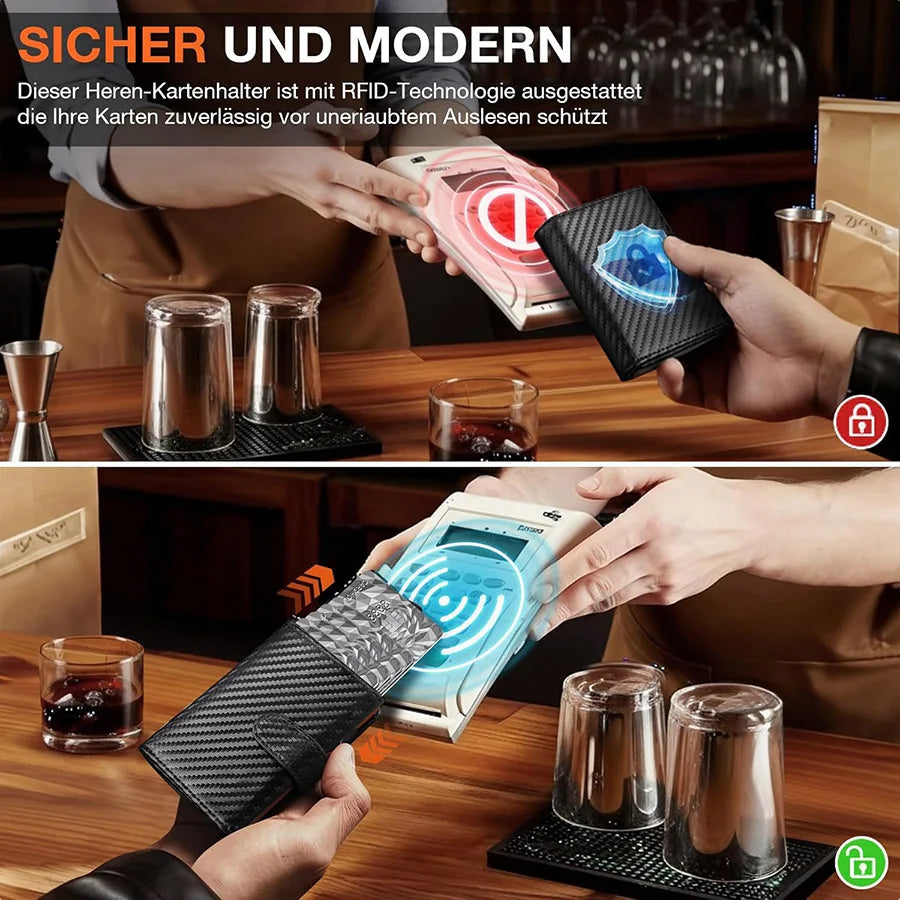 Eine Hand hält eine RFID-geschützte Pop-up-Geldbörse für Männer mit einer Karte darin, die ihre Sicherheitsfunktion demonstri