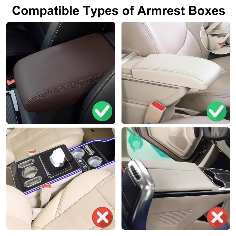 Various compatible types of armrest boxes and covers shown in different car interiors.
