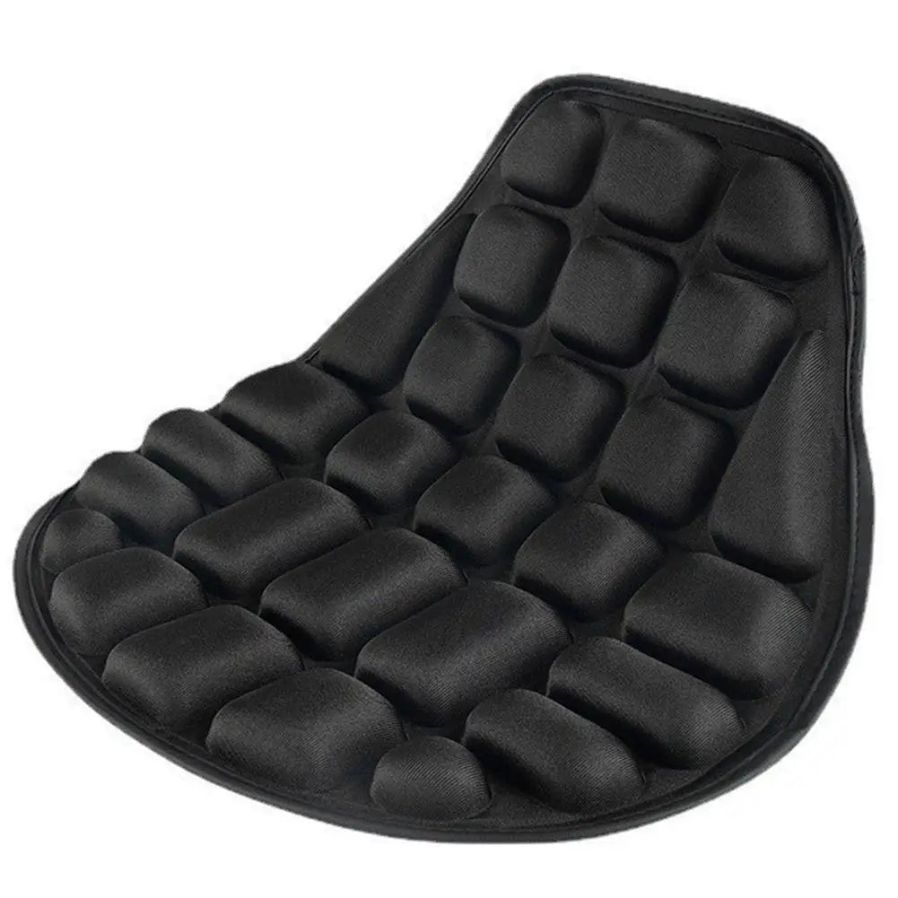 Black ergonomic motorcycle seat cushion designed for comfort and universal fit