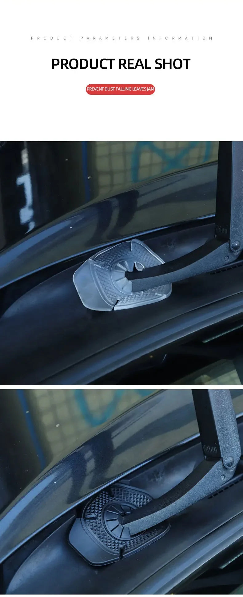 Close-up shot of a silicone windshield wiper arm hole cover installed on a car, showing its texture and fit.