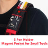 A close-up of a red tool belt with a magnetic pocket holding three pens and small tools.
