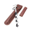 A brown leather holster for a manual wood auger drill with a silver handle.