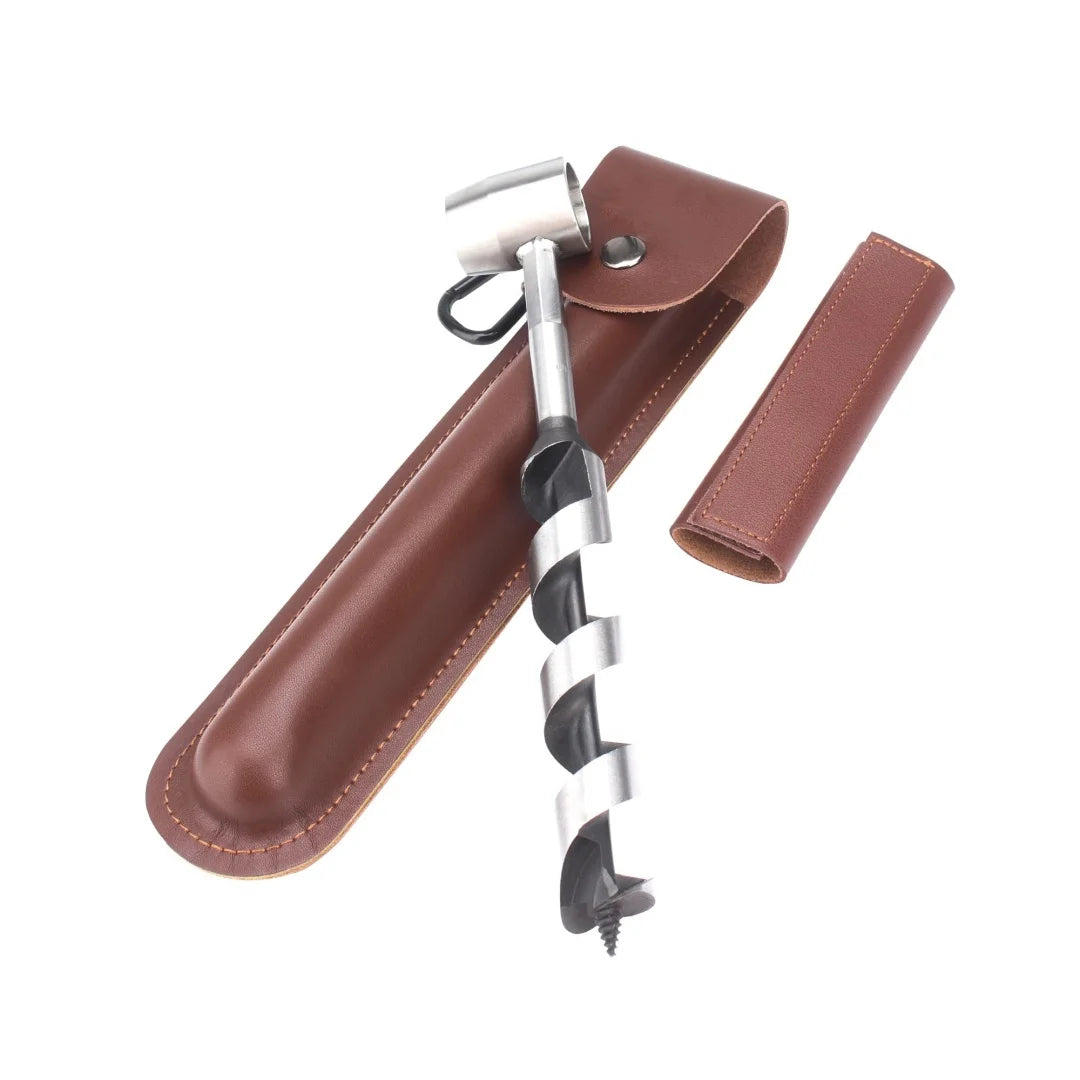 A brown leather holster for a manual wood auger drill with a silver handle.