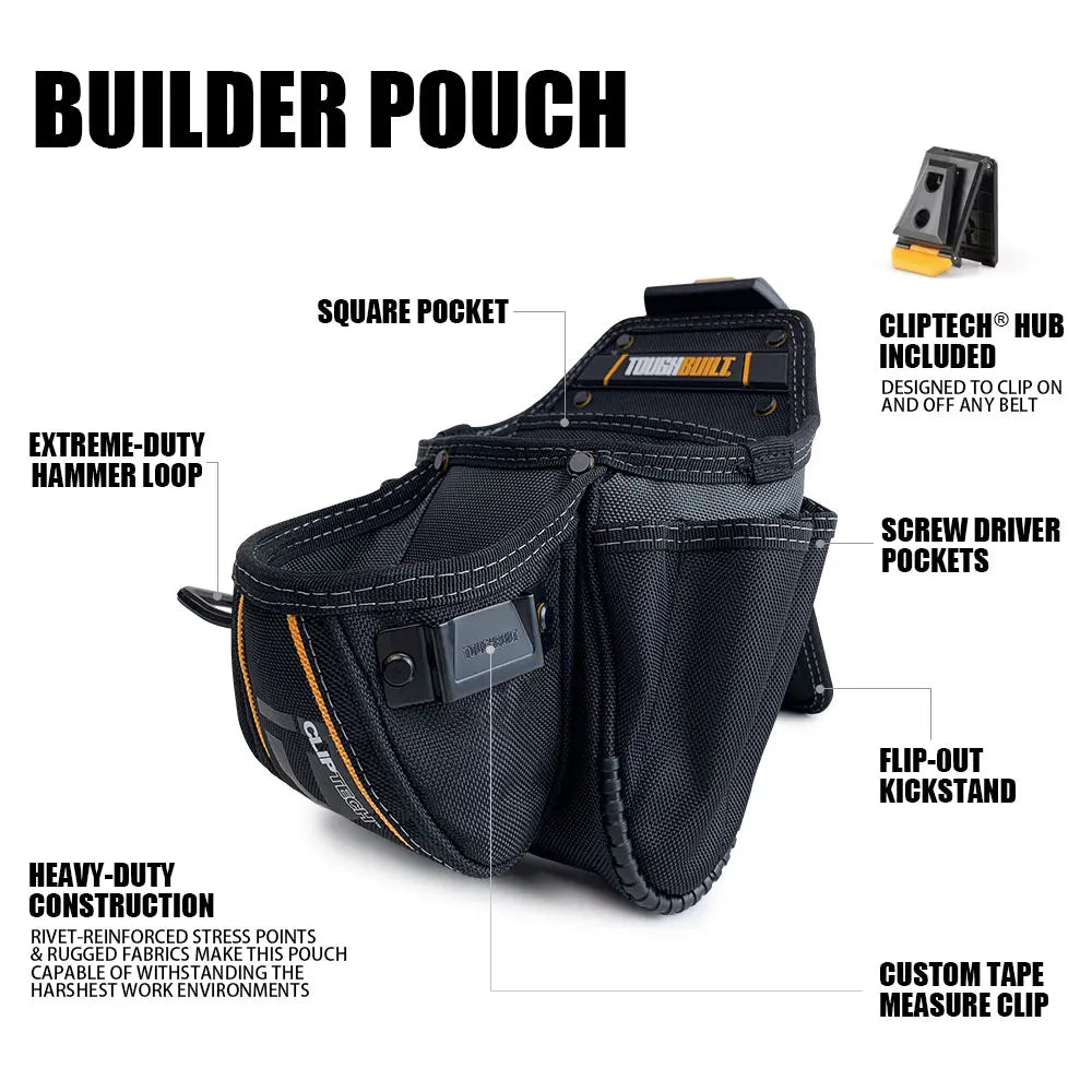 Black builder pouch featuring a square pocket, cliptech hub, screw driver pockets, flip-out kickstand, and hammer loop.