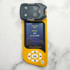A yellow handheld remote key for a vehicle, featuring a black grip and an LCD screen.