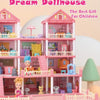 A pink dollhouse featuring a multi-story castle structure with various furniture and accessories for children.