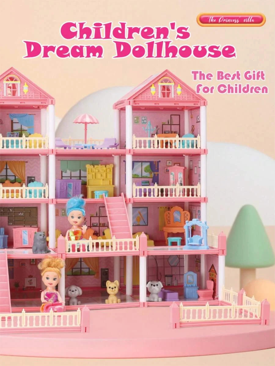 A pink dollhouse featuring a multi-story castle structure with various furniture and accessories for children.