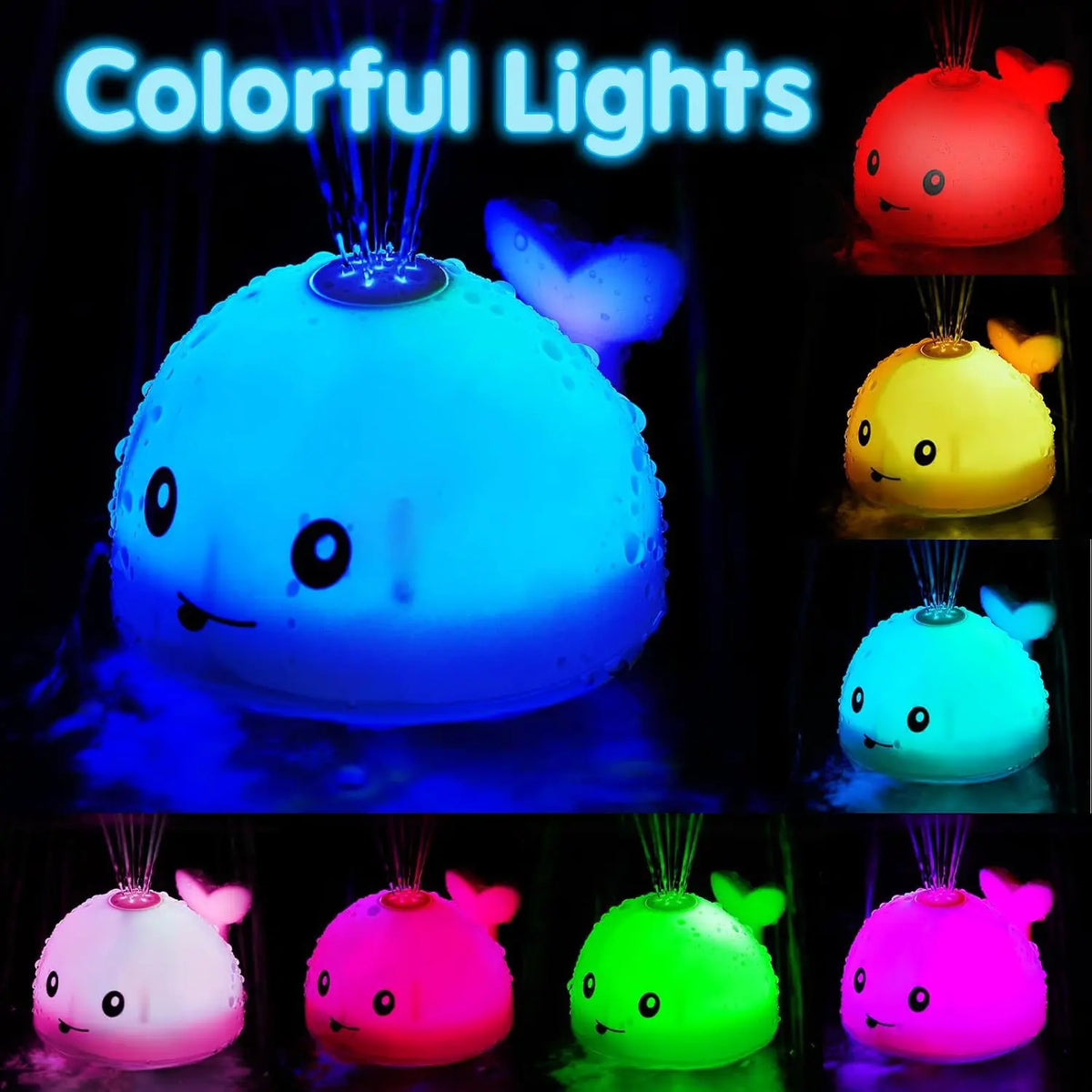 A collection of colorful light-up whale bath toys showing various shades including blue, yellow, and pink.