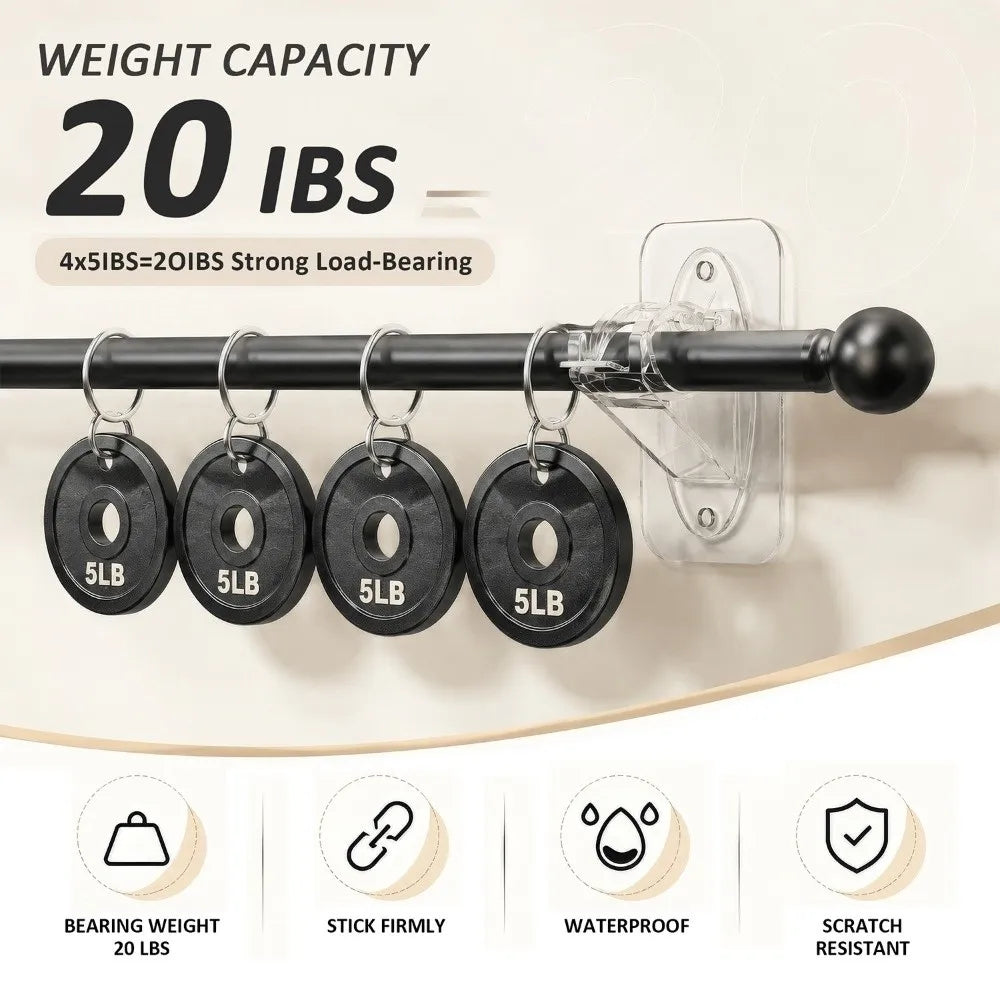 Black curtain rod brackets with 5lb capacity and various mounting options for a no-drill system