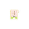 Vintage airline ticket enamel brooch set featuring the Eiffel Tower and a moon in a pink frame.