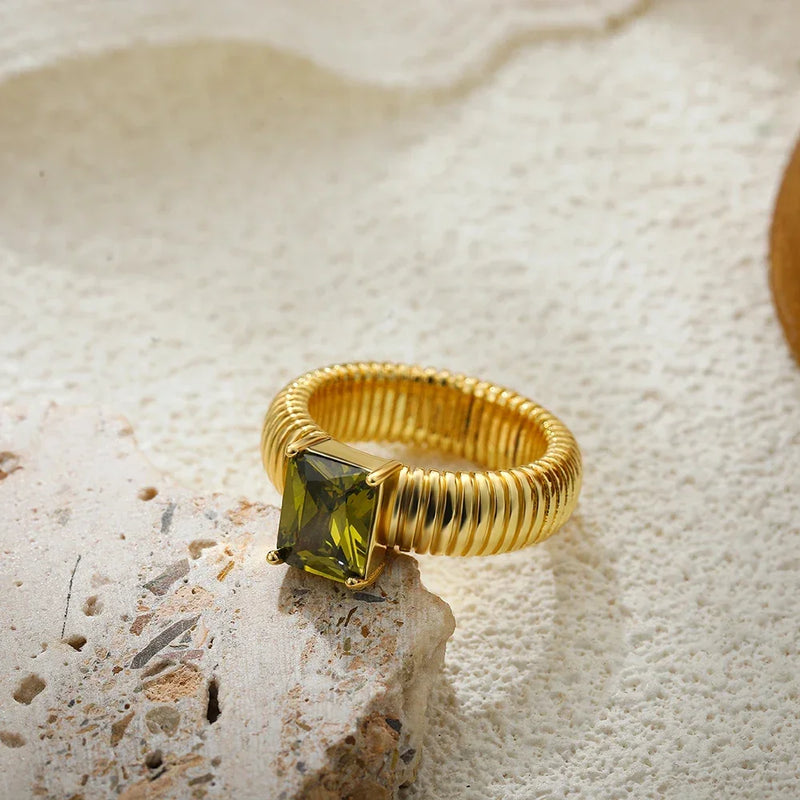 Chunky Gold-Plated Crystal Ring with Geometric Stripes